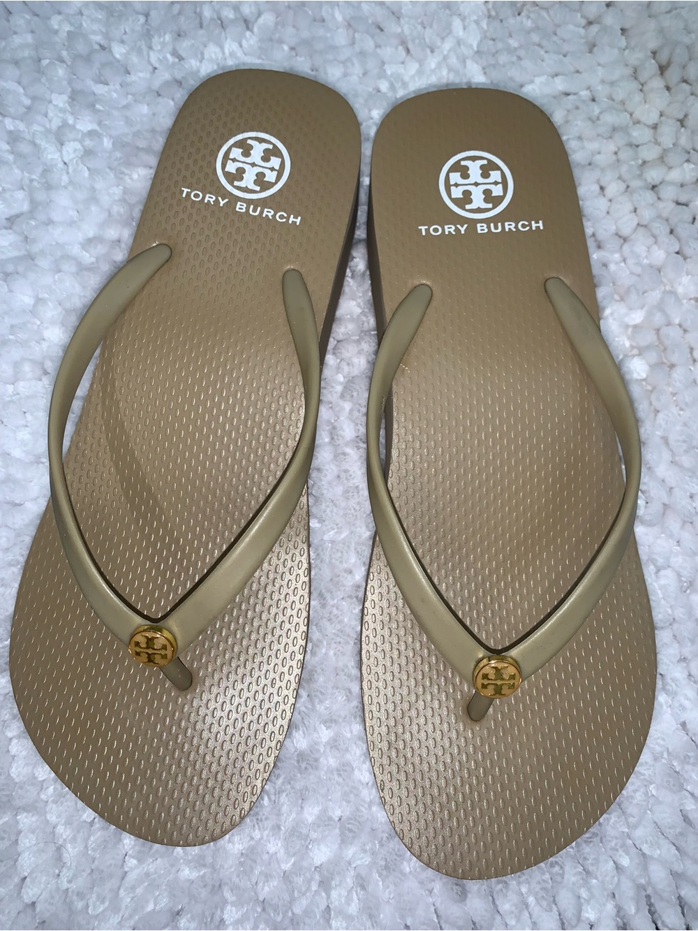 Tory Burch Taupe Flip Flop Sandals with Gold Logo
